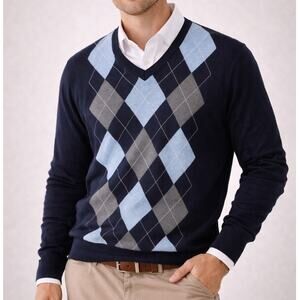 Sebastian Cooper Grandpacore Men’s XL Navy Argyle V-Neck Cotton Preppy Sweater